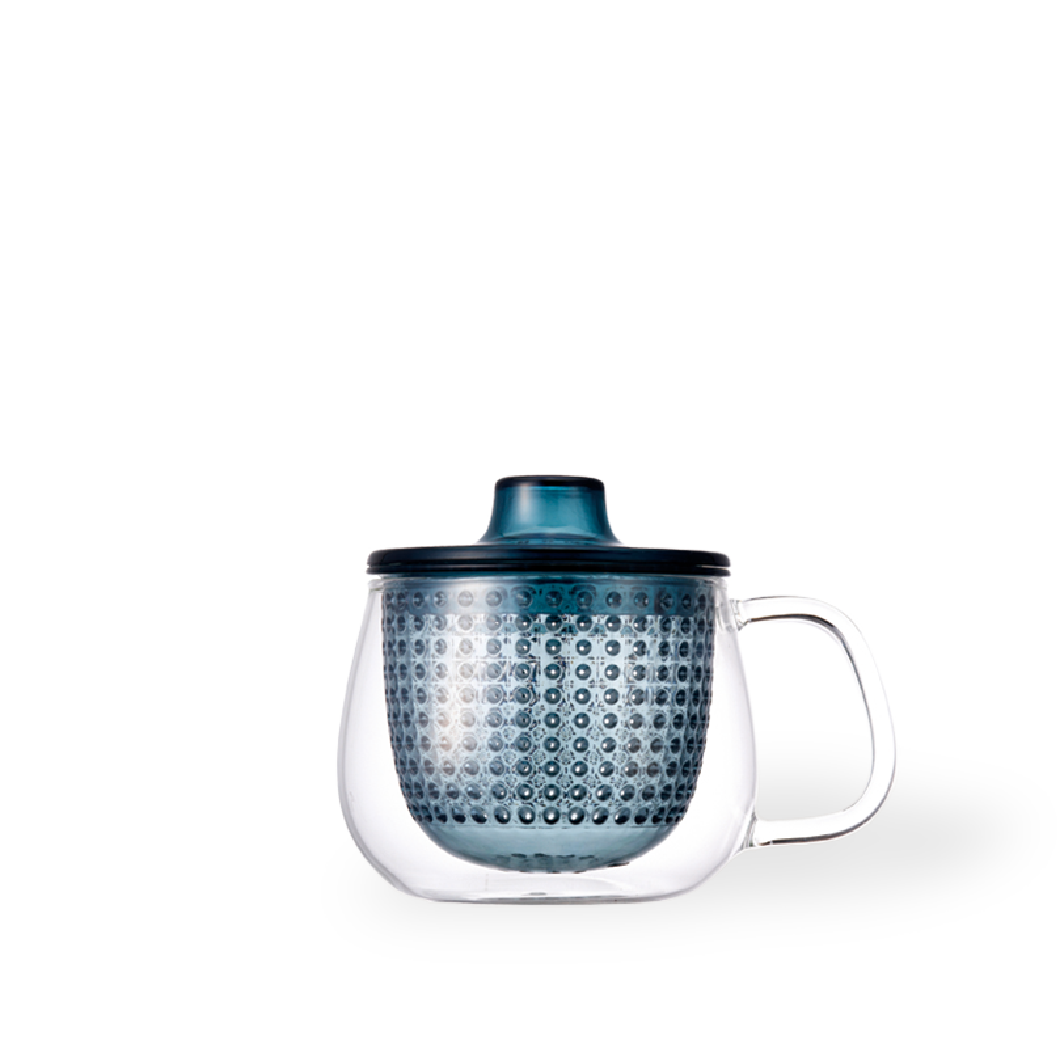 Kinto Unimug glass tea cup with plastic infuser in blue pekoetea edinburgh website image