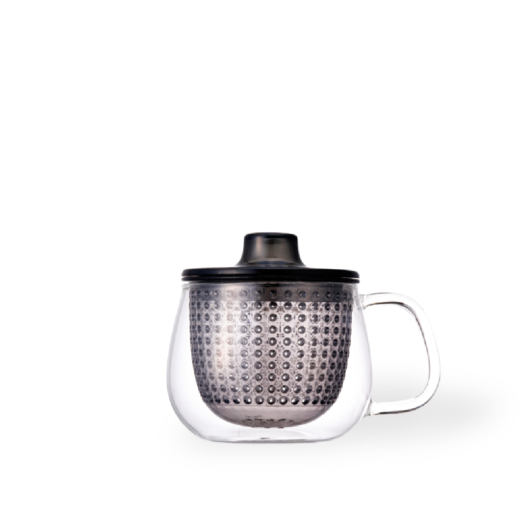 Kinto Unimug glass tea cup with plastic infuser in grey pekoetea edinburgh website image