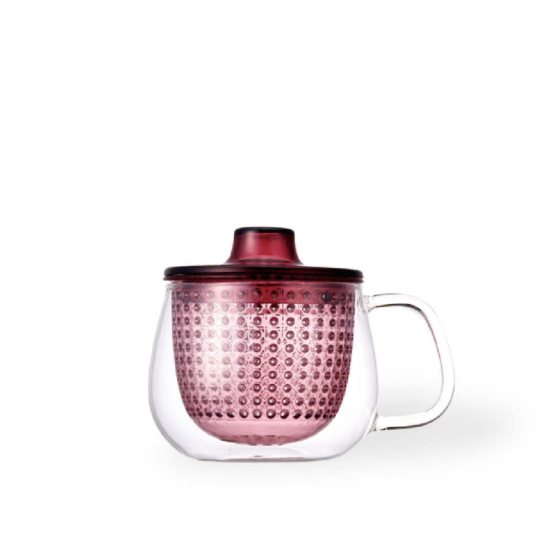 Kinto Unimug glass tea cup with plastic infuser in wine red pekoetea edinburgh website image