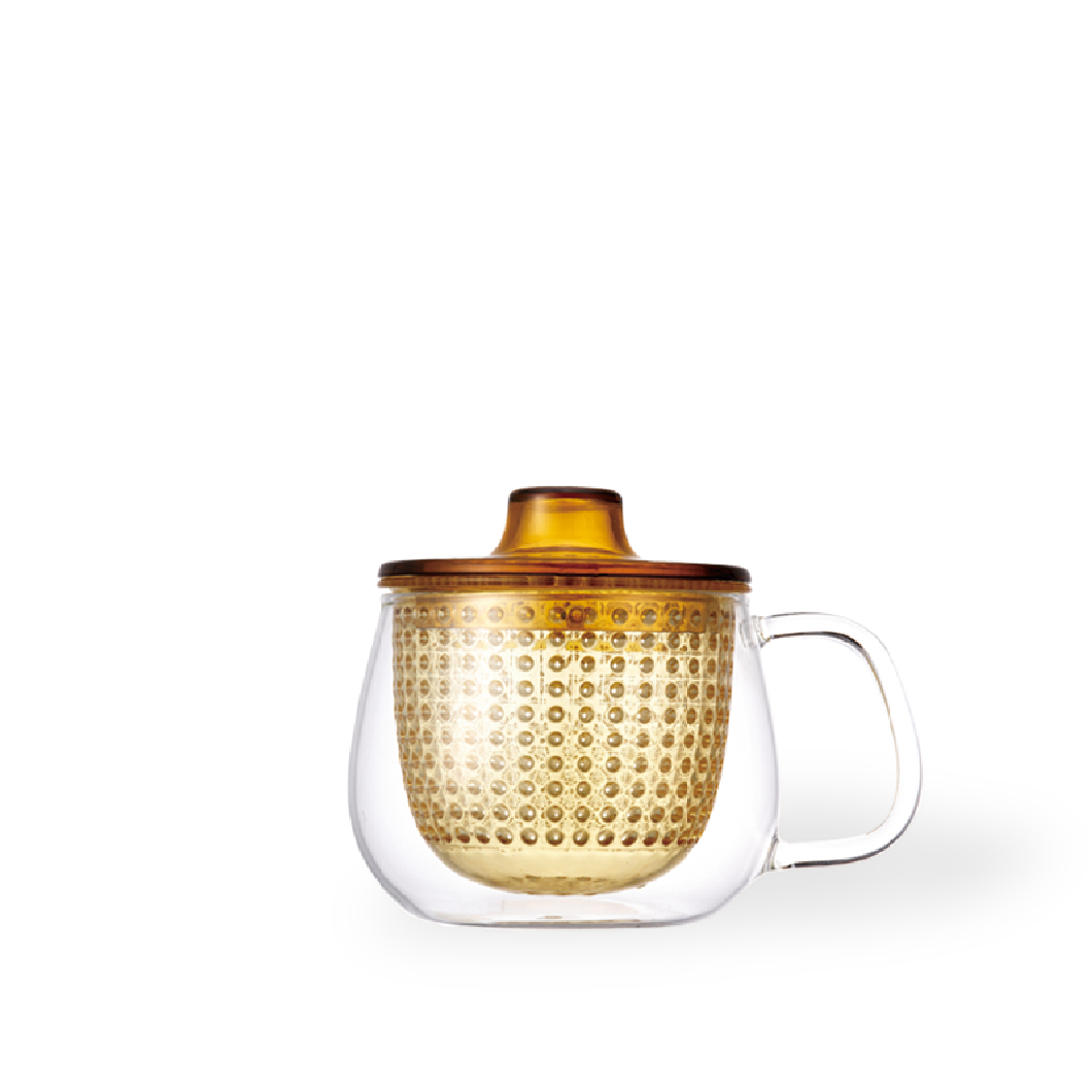 Kinto Unimug glass tea cup with plastic infuser in yellow pekoetea edinburgh website image