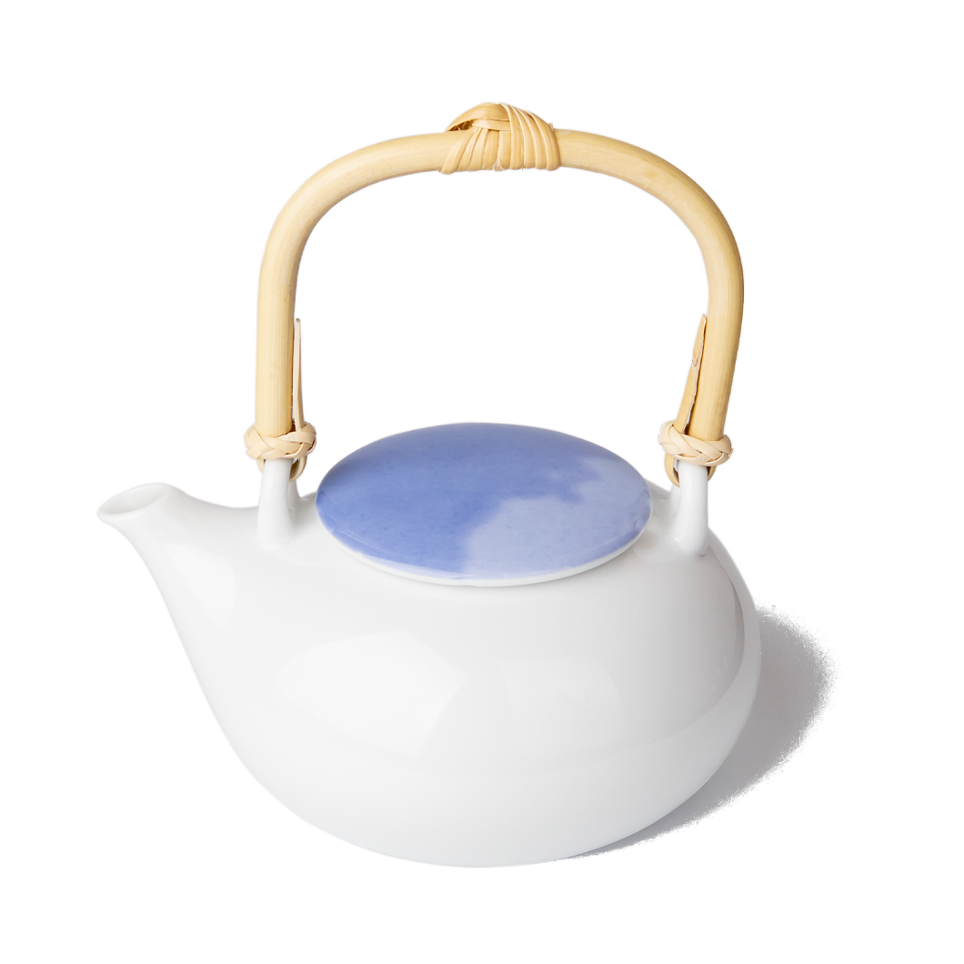 Miyama Dobin Teapot white porcelain with blue crystallised decal lid and bamboo handle modern Japanese pottery product photograph for PekoeTea Edinburgh Website