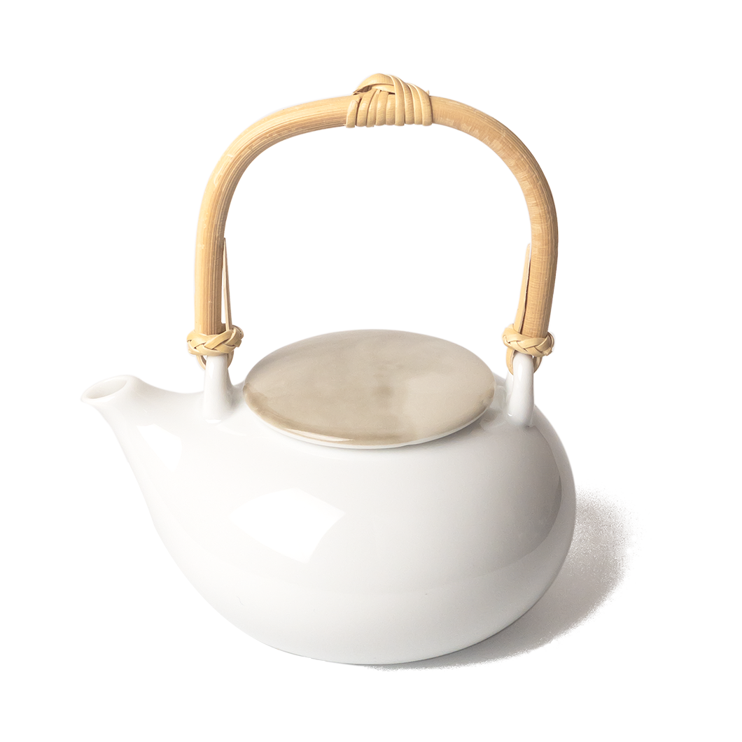 Miyama Dobin Teapot white porcelain with light beige crystallised decal lid and bamboo handle modern Japanese pottery product photograph for PekoeTea Edinburgh Website