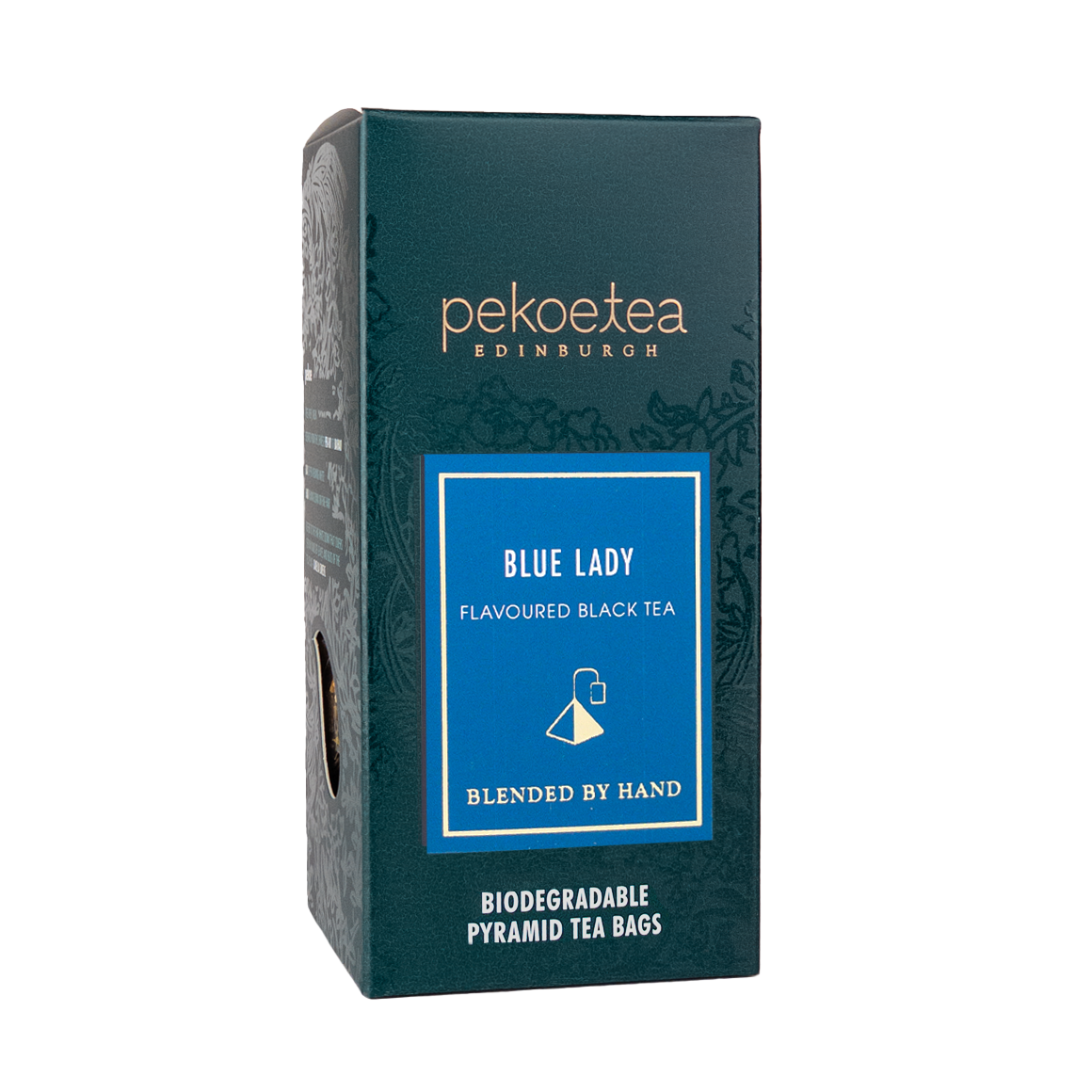 PekoeTea Edinburgh Blue Lady Hand Blended Flavoured Black Tea Biodegradable Pyramid Teabags Box 